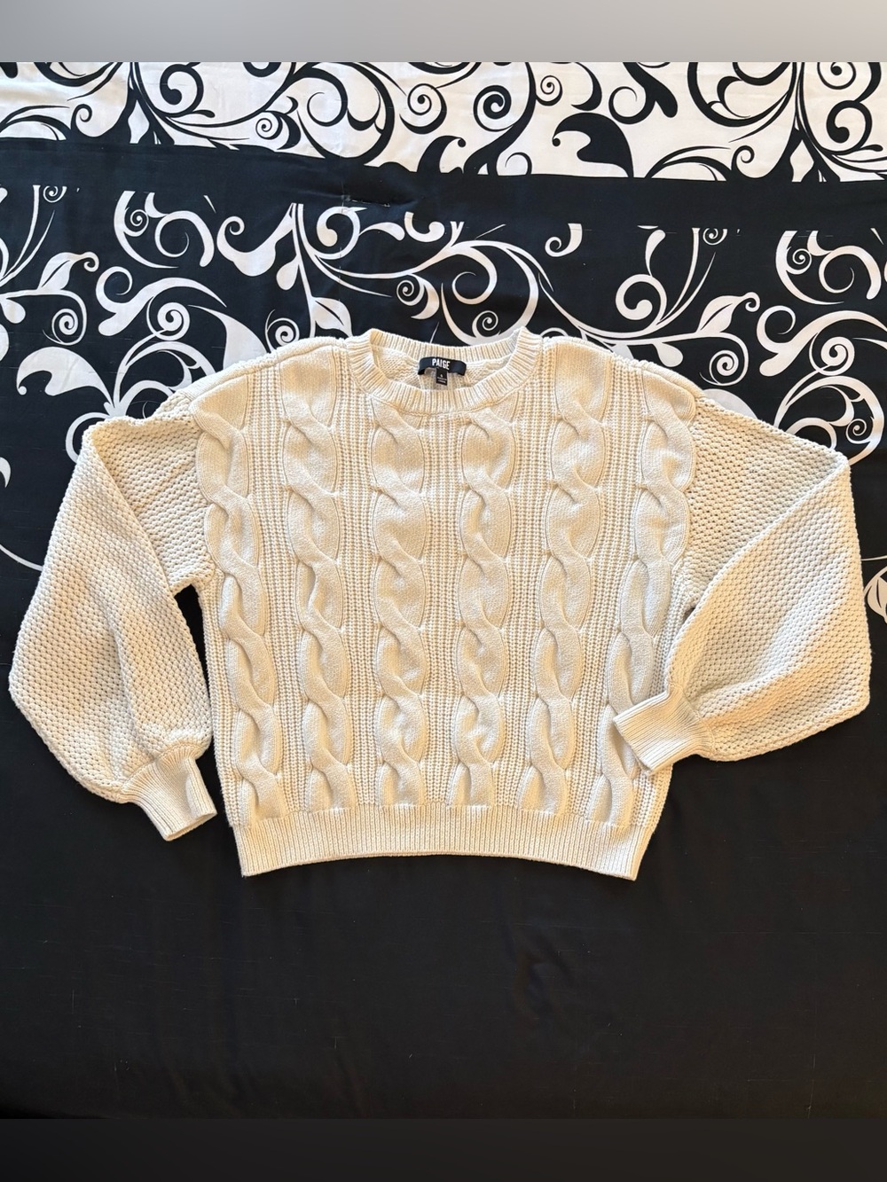 PAIGE Ivory Cable Knit Puff Sleeve Dropped Shoulder Sweater Sz S